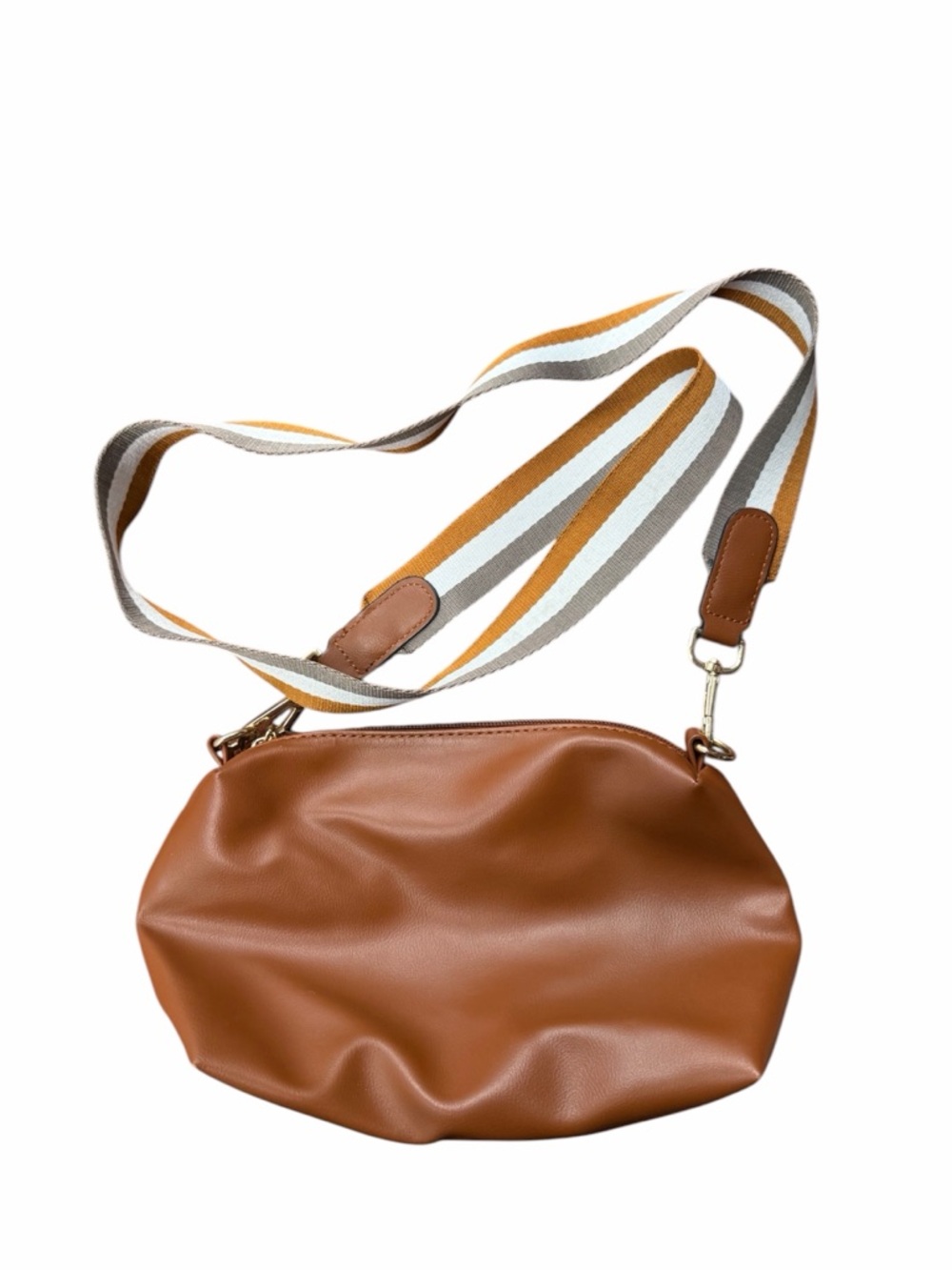 Everyday Tan Leatherette Crossbody with Striped Adjustable Strap